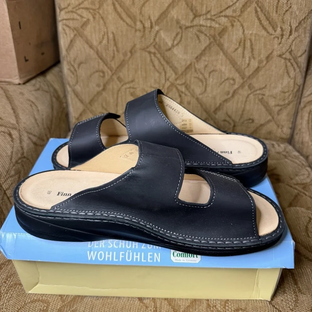 Finn Comfort Finn Mellow SuperSoft Black Leather Slide Sandals EU 46 Men's 12